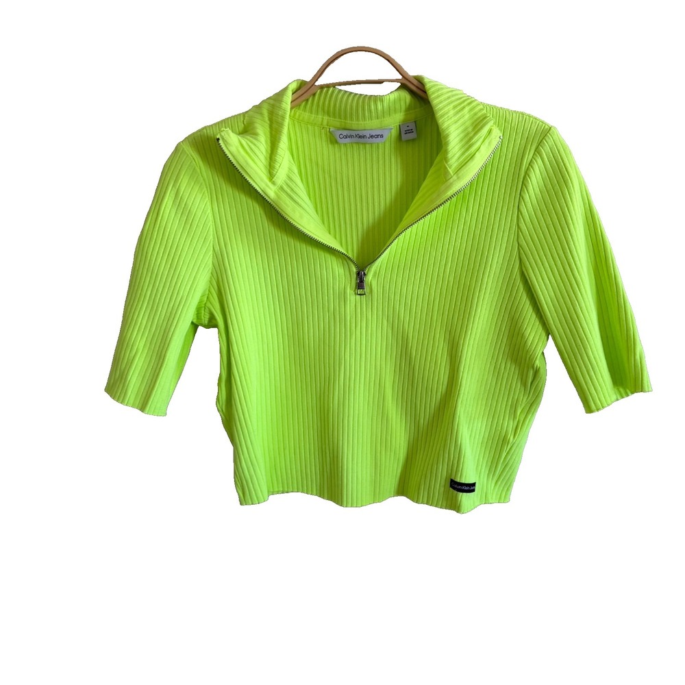 Calvin Klein Womens Lime Green Ribbed Long Sleeve‎ Crop Top Size M NWOT Sporty